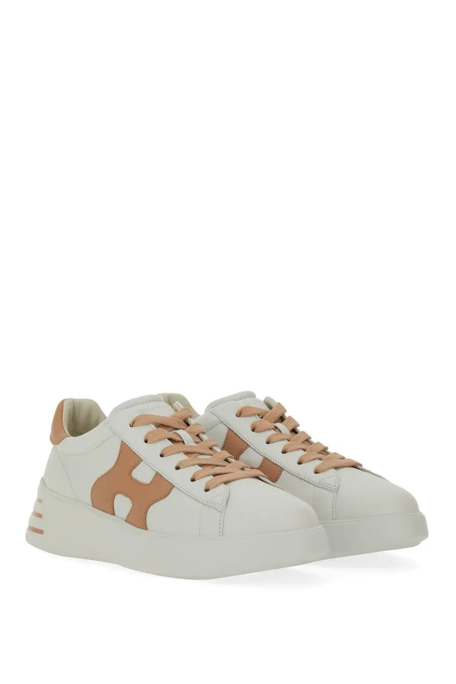 Hogan women’s rebel sneaker white with white and tan leather and bold abstract h-shaped logo on the side