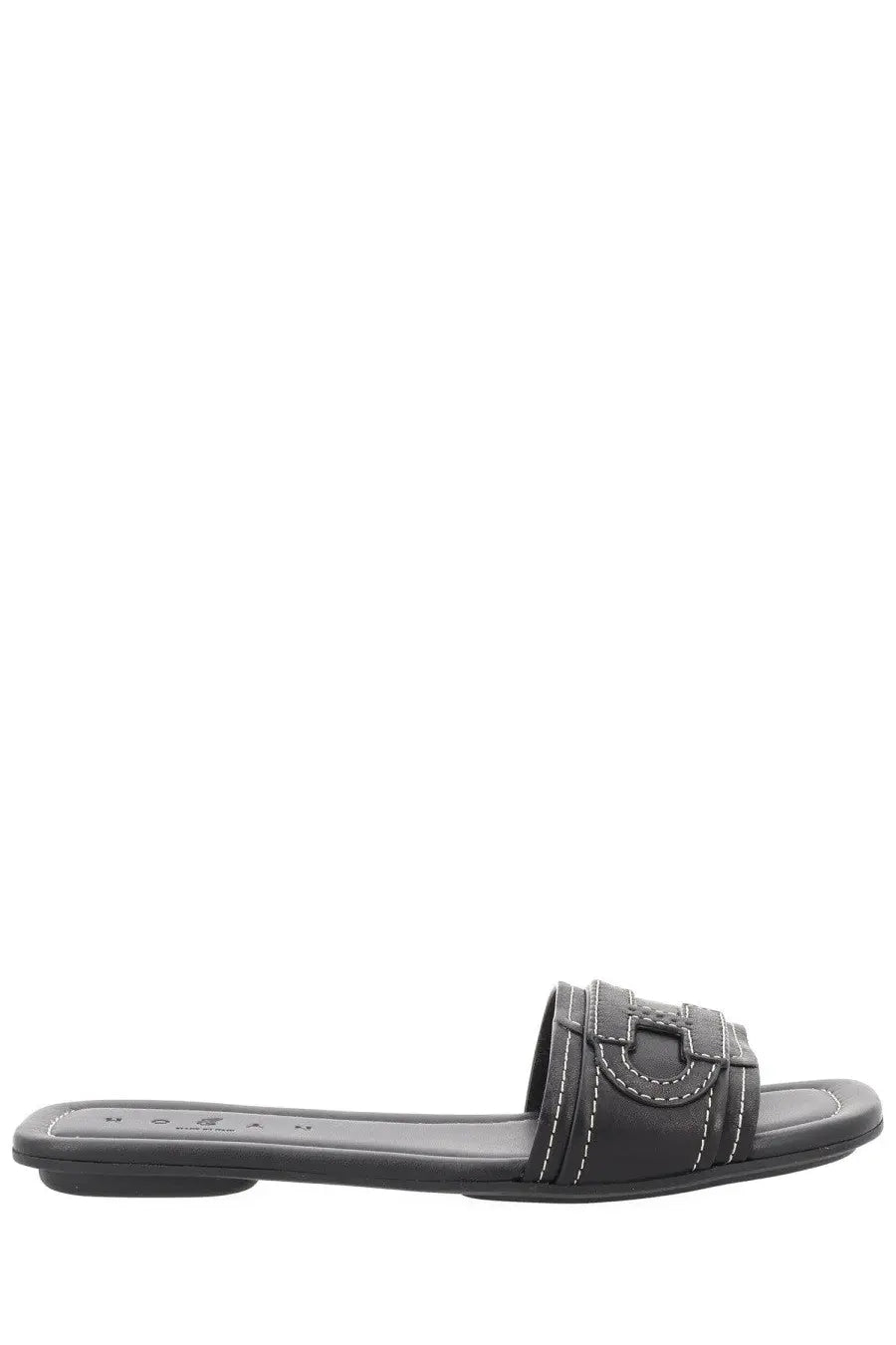 Hogan women’s sandalo flat black leather slide sandal with distinctive buckle strap and white stitching details