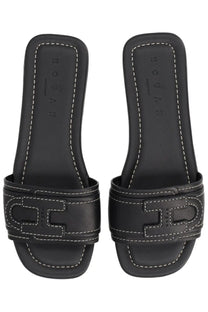 Hogan women’s sandalo flat black leather slide sandals with distinctive h-shaped buckle and white stitching