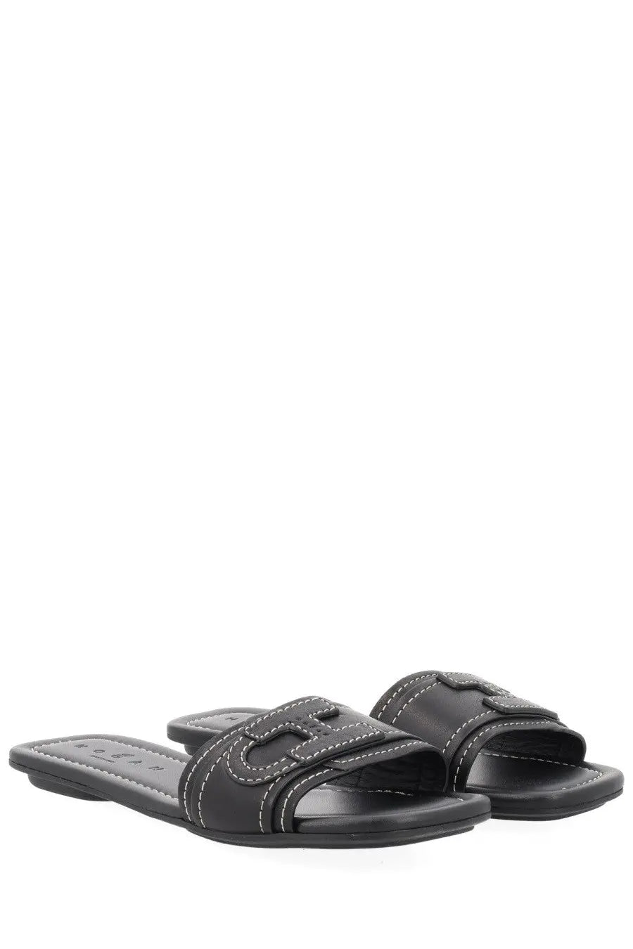 Hogan women’s Sandalo flat black leather slide sandals with distinctive logo strap and white contrast stitching
