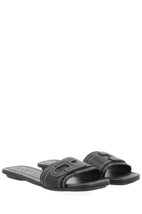 Hogan women’s Sandalo flat black leather slide sandals with distinctive logo strap and white contrast stitching
