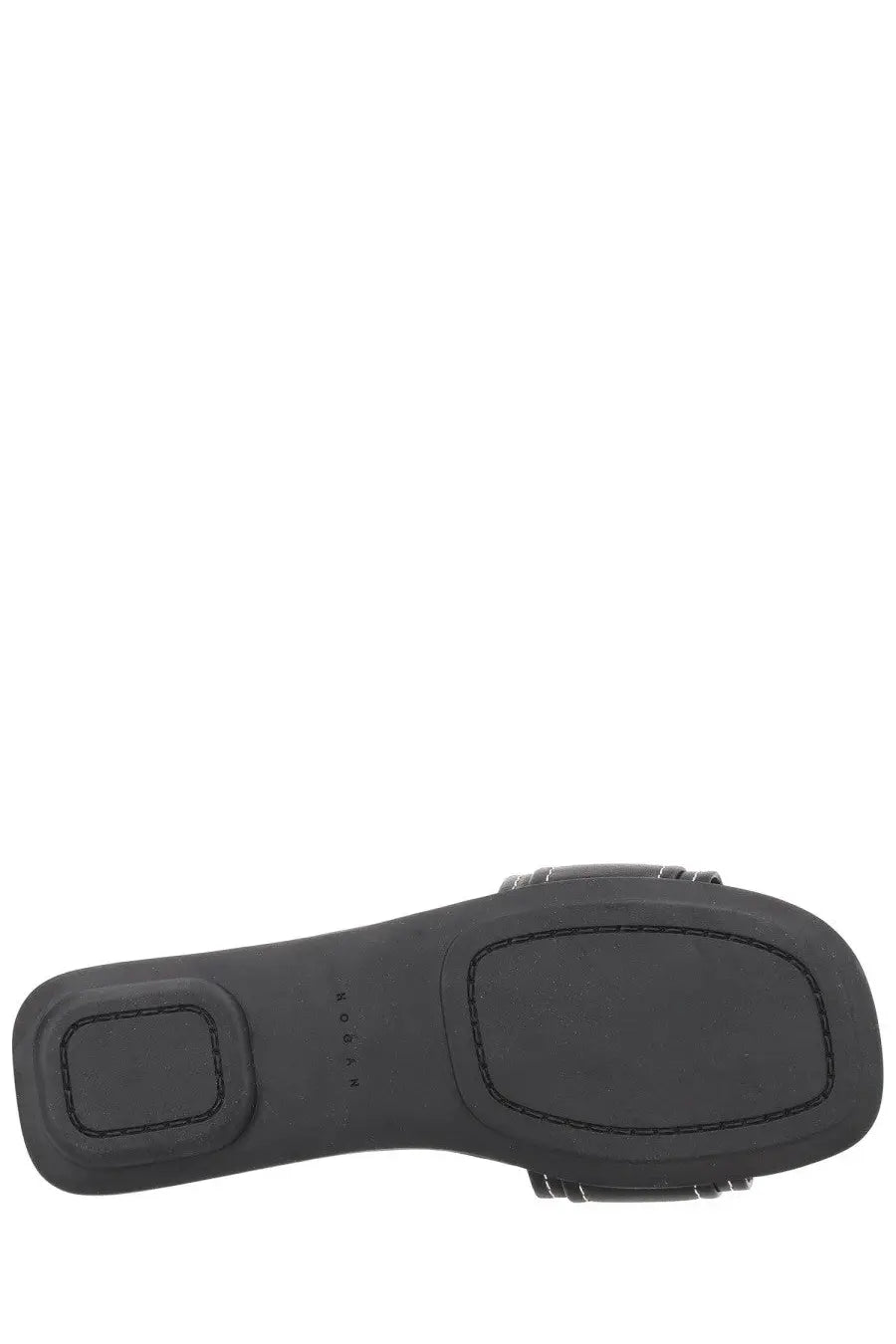 Black rubber sole with stitched detailing and embossed Hogan brand name on Hogan women’s Sandalo flat black sandal