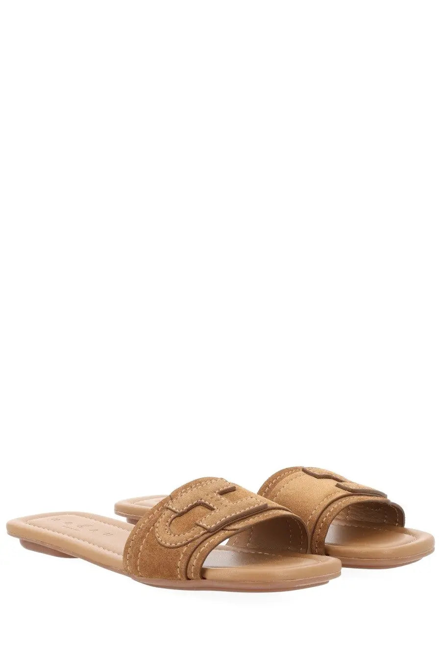 Hogan women’s sandalo flat brown tan suede slide sandals with prominent logo buckle across the footbed