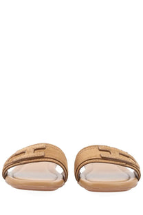Hogan women’s sandalo flat brown tan suede slide sandals with prominent t-shaped logo strap
