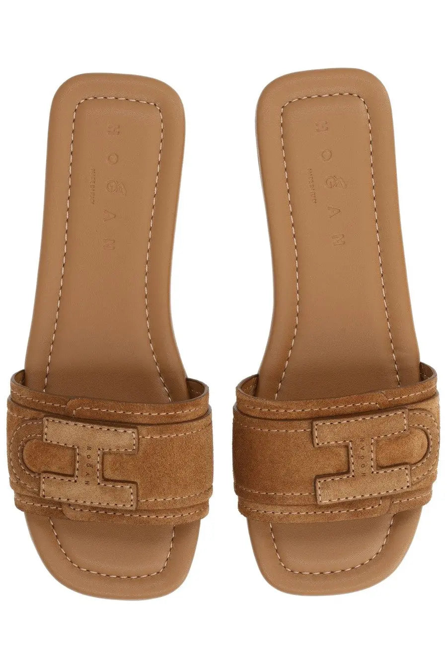 Hogan women’s sandalo flat brown tan suede slide sandals with a prominent h-shaped buckle on the top