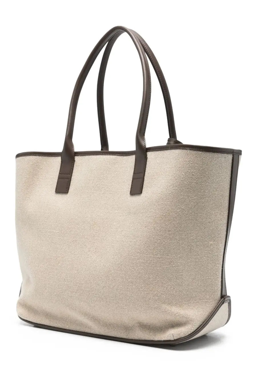 Beige canvas tote bag with dark brown leather handles and trim for women by Hogan shopping bag