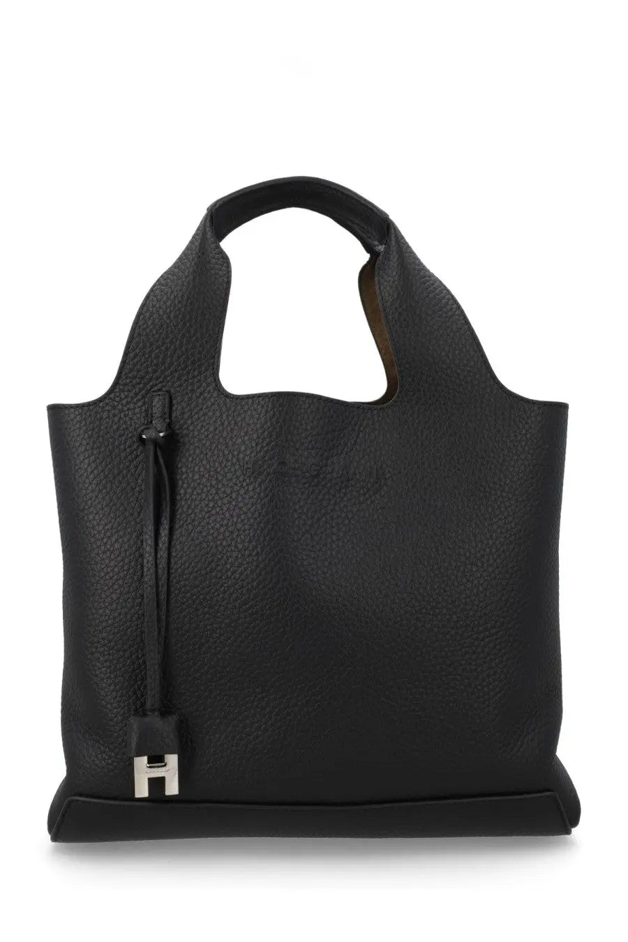 Black pebbled leather tote bag with silver tone h logo clasp and top handles for Hogan women’s shopping bag black