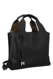 Hogan women’s shopping bag black textured leather tote with silver-tone h logo clasp and brown interior lining