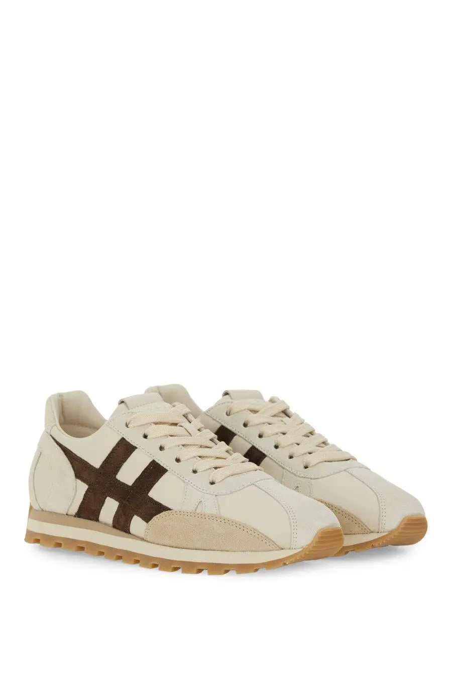 Hogan women’s sneaker 86ER beige cream sneakers with bold brown cross-stripe suede accents and tan rubber sole
