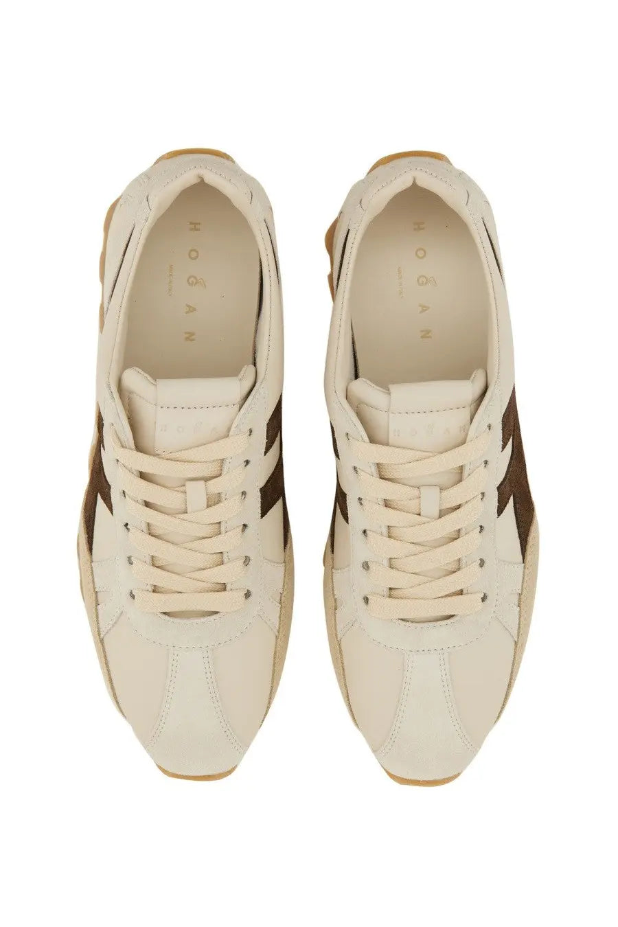 Hogan women’s sneaker 86ER beige cream-colored with brown side stripes and matching gum sole for casual wear