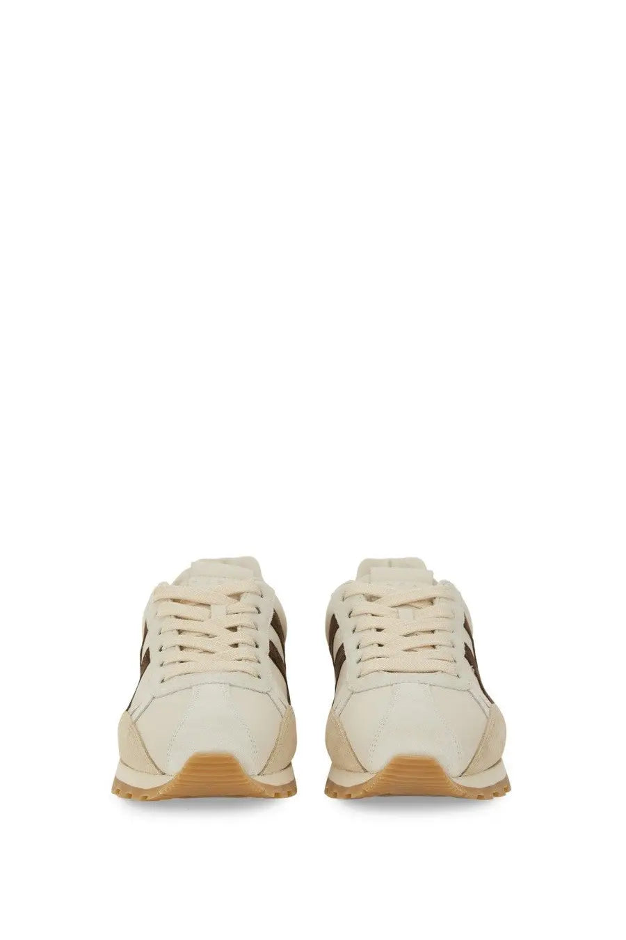 Cream-colored suede Hogan women’s sneaker 86ER beige with brown accents and gum rubber sole front view
