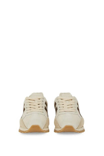 Cream-colored suede Hogan women’s sneaker 86ER beige with brown accents and gum rubber sole front view