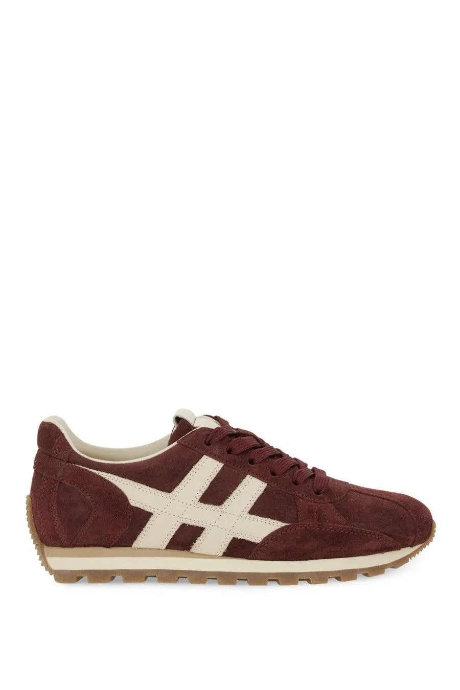 Hogan women’s sneaker 86er red maroon suede with cream cross stripes and gum rubber sole side view