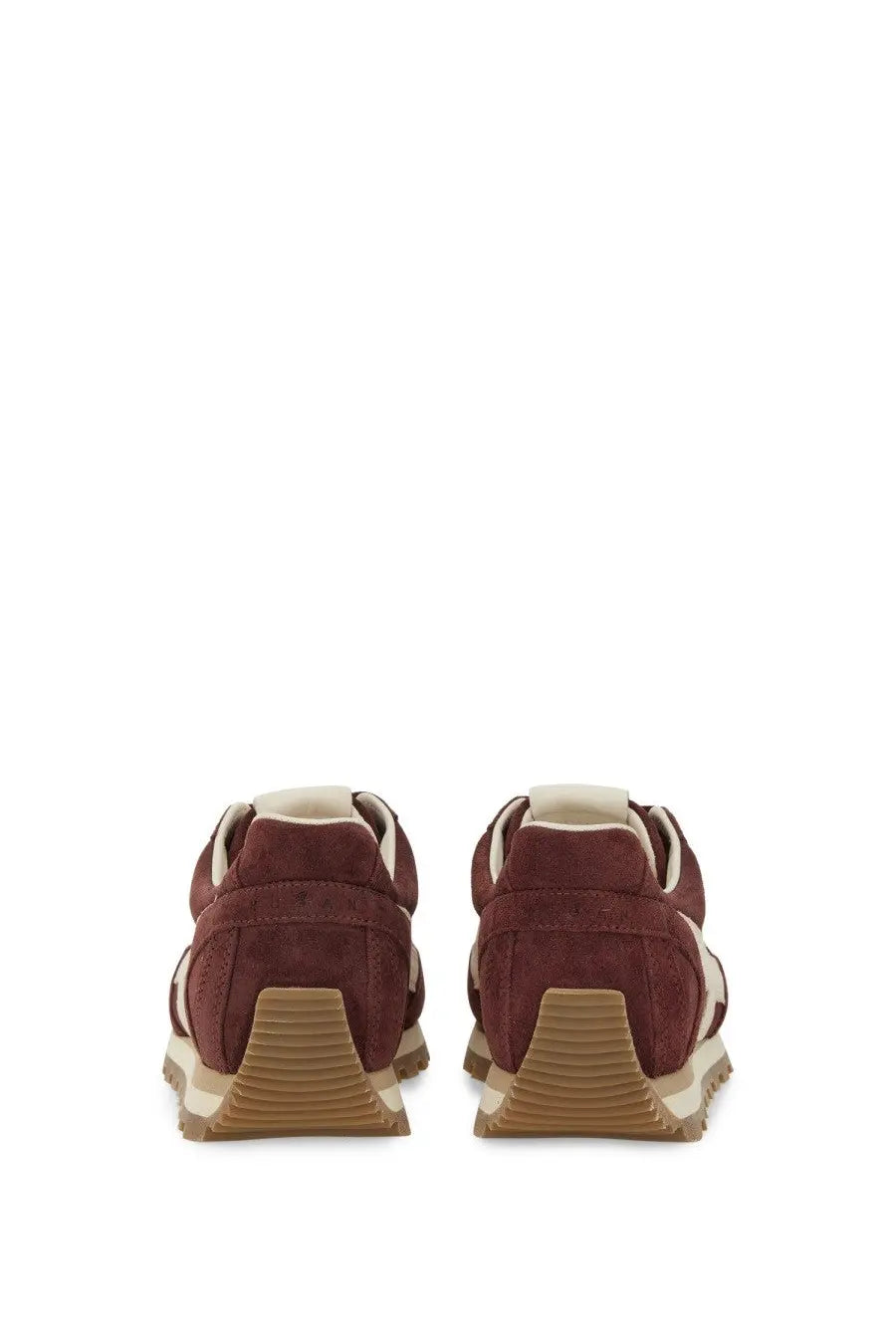 Hogan women’s sneaker 86ER red maroon suede sneakers with beige rubber soles and white accents front view