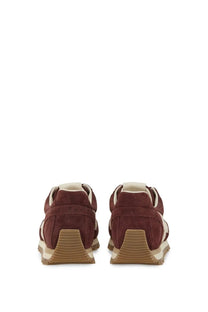 Hogan women’s sneaker 86ER red maroon suede sneakers with beige rubber soles and white accents front view
