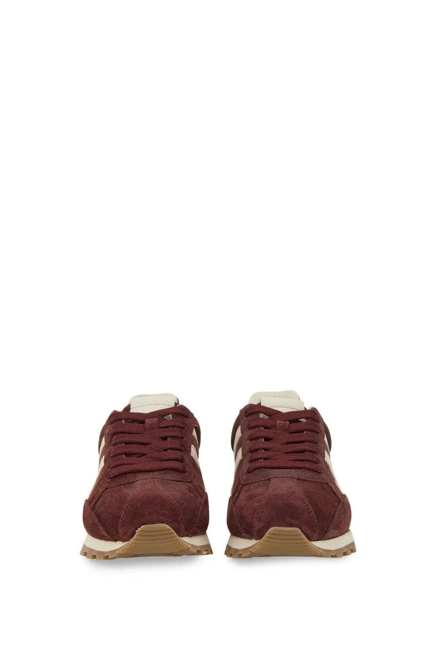 Hogan women’s sneaker 86er red maroon suede with cream accents and gum rubber sole for casual wear
