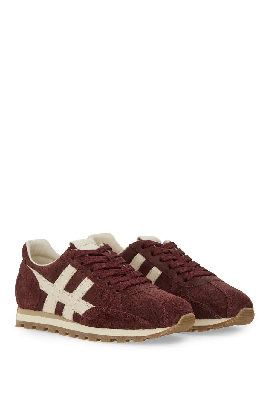 Hogan women’s sneaker 86ER red maroon suede with cream stripes and tan rubber sole for casual wear