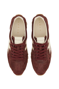 Hogan women’s sneaker 86ER red maroon suede with white accents and matching laces