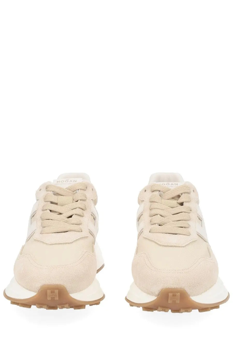 Hogan women’s sneaker beige cream-colored suede with beige laces and tan rubber sole for casual wear