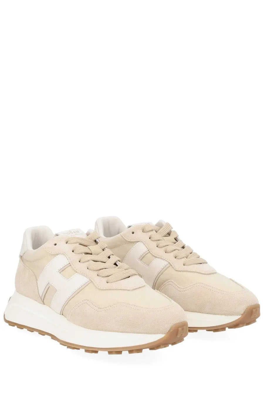 Hogan women’s beige suede sneakers with white h logo and tan rubber sole for casual wear