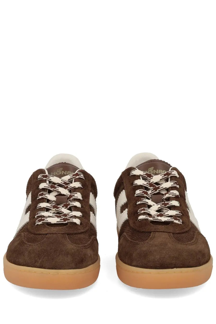 Hogan women’s sneaker cool brown suede with white stripes cream laces and gum rubber sole front view