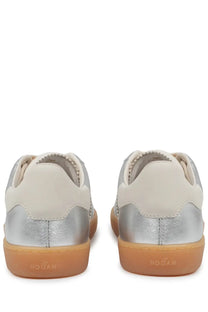 Hogan women’s sneaker cool silver with metallic silver sides suede cream upper panels and gum rubber soles