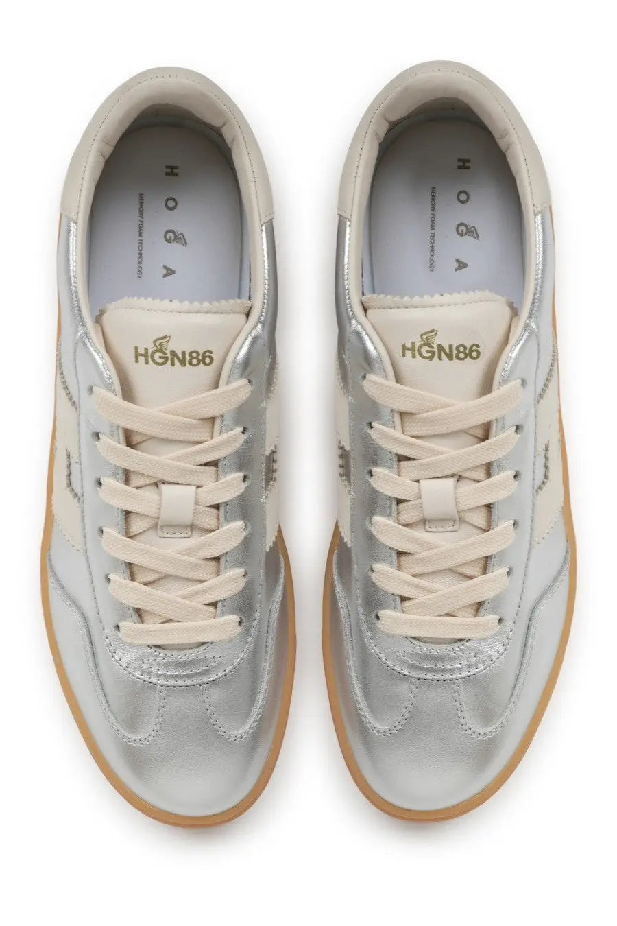 Hogan women’s sneaker cool silver in silver with cream laces and tan rubber sole for casual wear