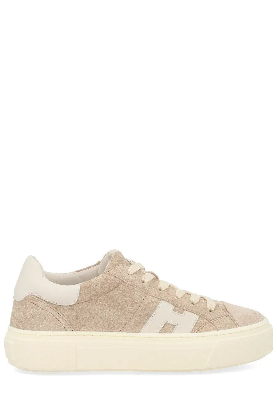 Hogan women’s sneaker crosswind beige low-top suede sneaker with cream rubber sole and white logo on the side