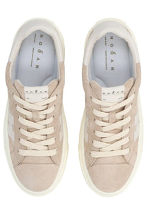 Hogan women sneaker crosswind beige featuring beige suede with white laces and matching white rubber sole