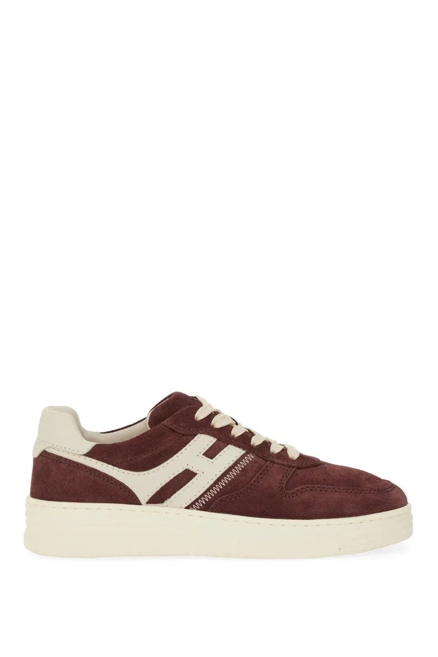 Hogan women’s sneaker h630 red maroon suede low-top with cream laces heel tab and rubber sole front view