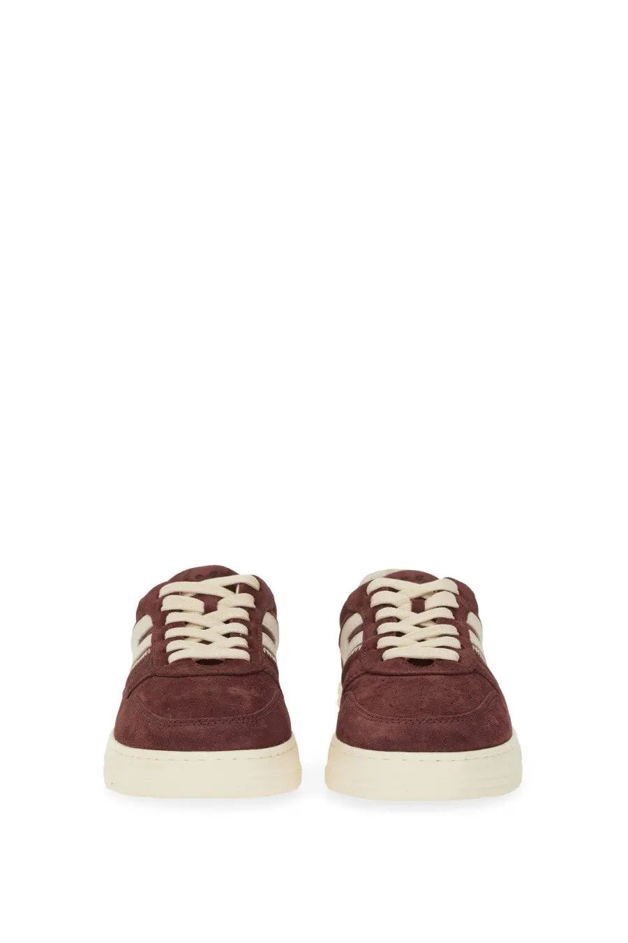 Hogan women’s sneaker h630 red maroon suede low-top with cream laces and matching rubber soles