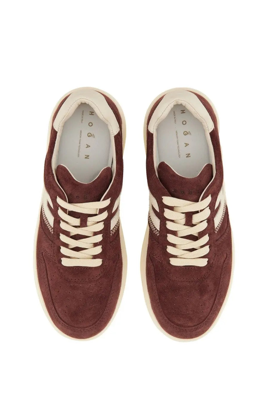 Hogan women’s sneaker h630 red maroon suede sneakers with cream-colored laces and accents front view