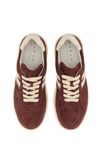 Hogan women’s sneaker h630 red maroon suede sneakers with cream-colored laces and accents front view