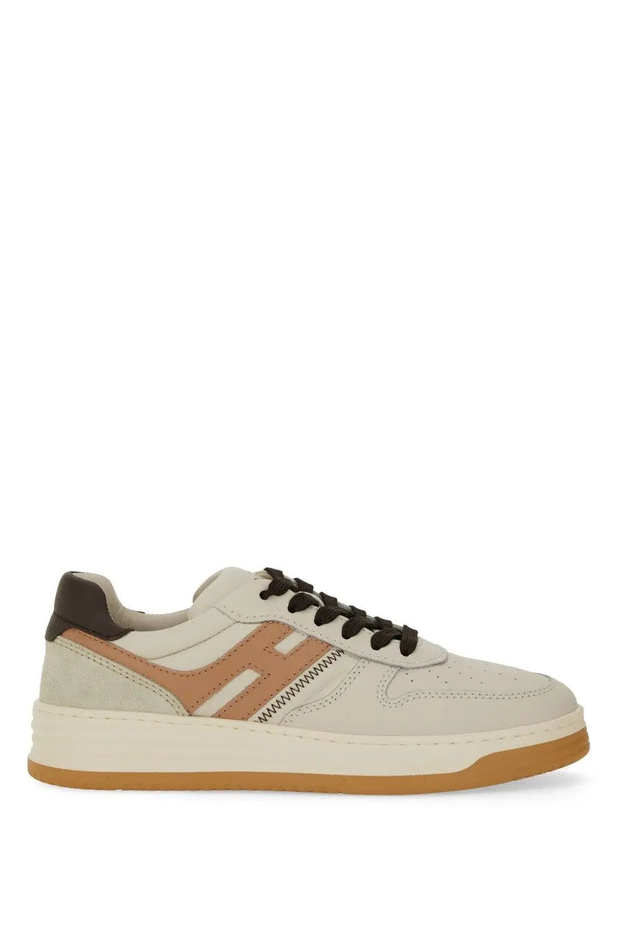 Hogan women’s sneaker h630 white beige and tan leather low-top sneaker with black laces and gum rubber sole