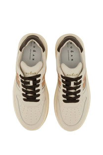 Hogan women’s sneaker H630 white cream-colored with black laces and tan accent stripes for casual wear