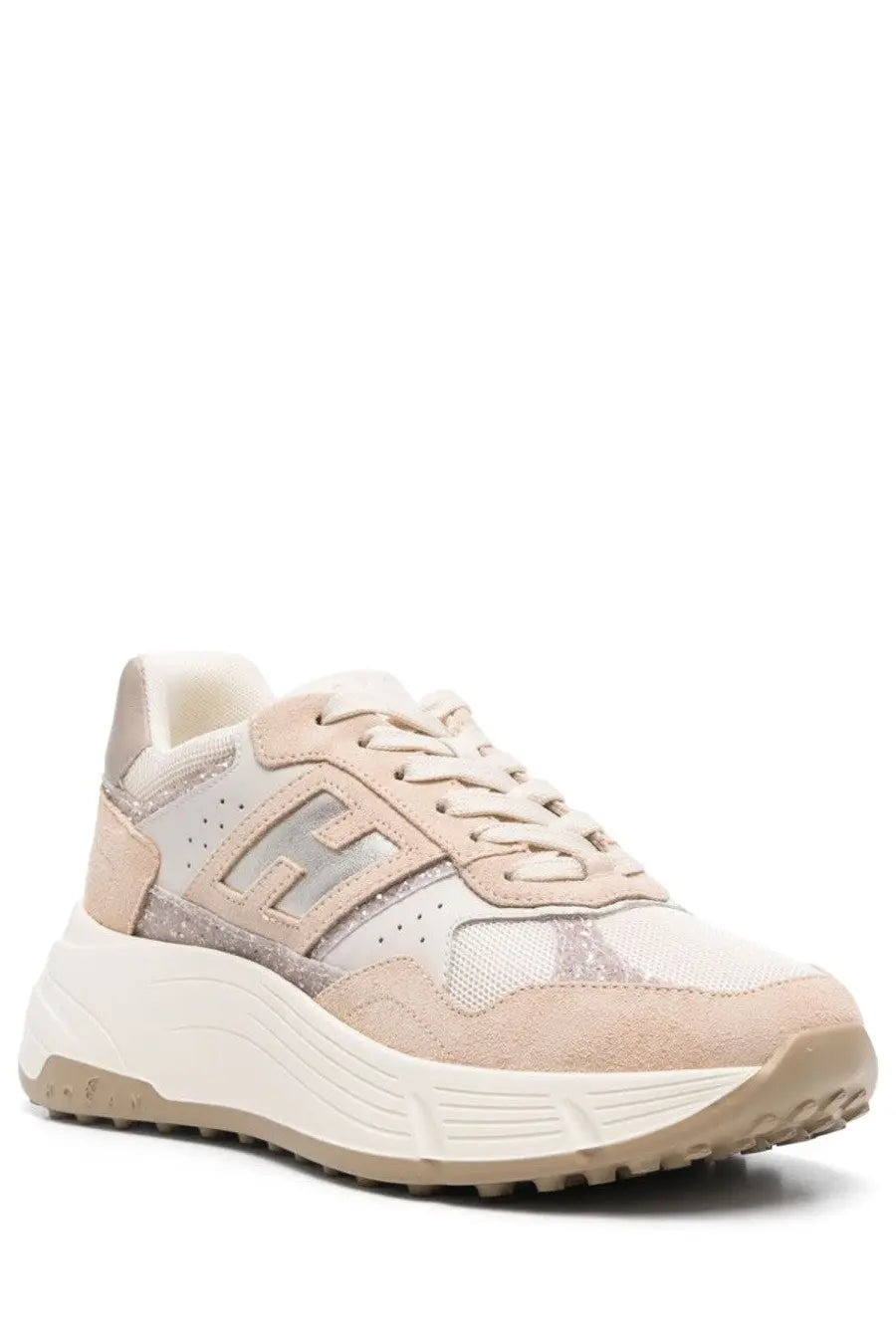 Hogan women’s sneaker H669 multicolor beige and silver suede mesh with glitter accents and chunky white sole