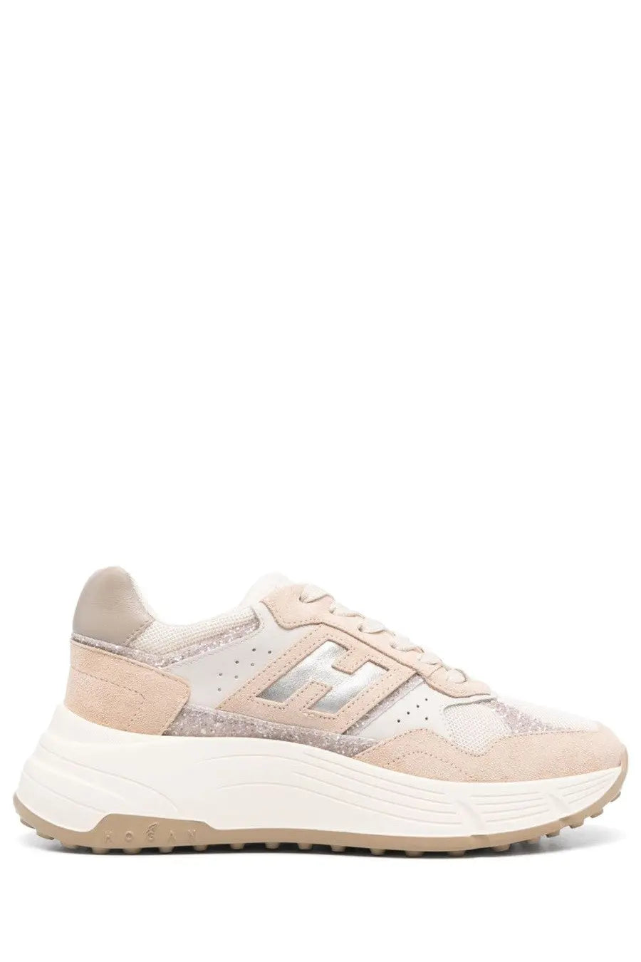Hogan women’s sneaker h669 multicolor beige and silver with chunky white sole and glitter accents