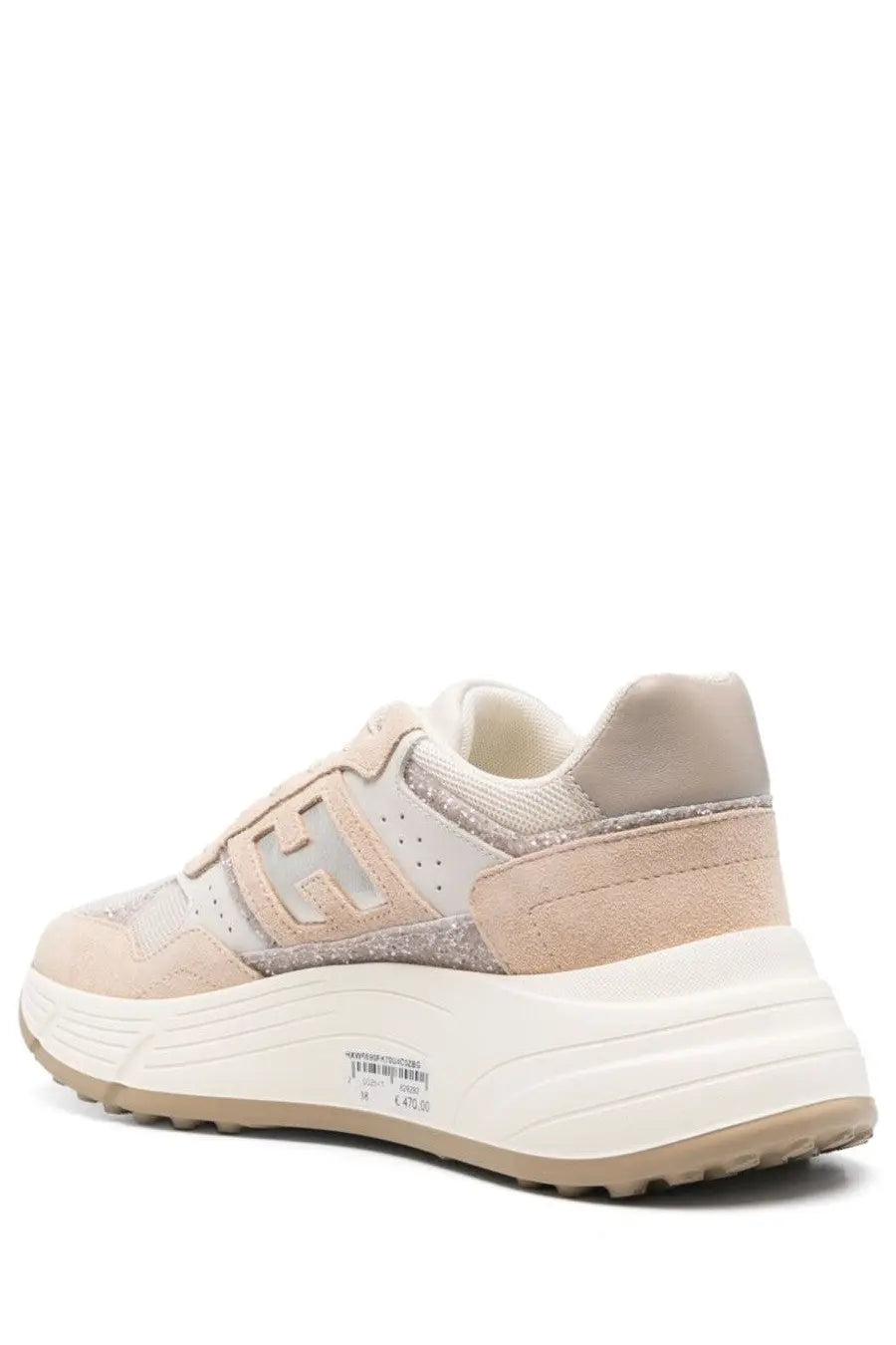Beige and white hogan women sneaker h669 with chunky sole suede mesh and glitter accents