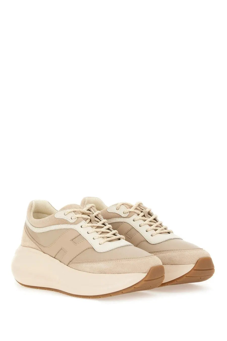 Hogan women’s sneaker h696 beige platform sneakers with chunky sole in suede and mesh materials