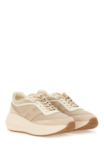 Hogan women’s sneaker h696 beige platform sneakers with chunky sole in suede and mesh materials