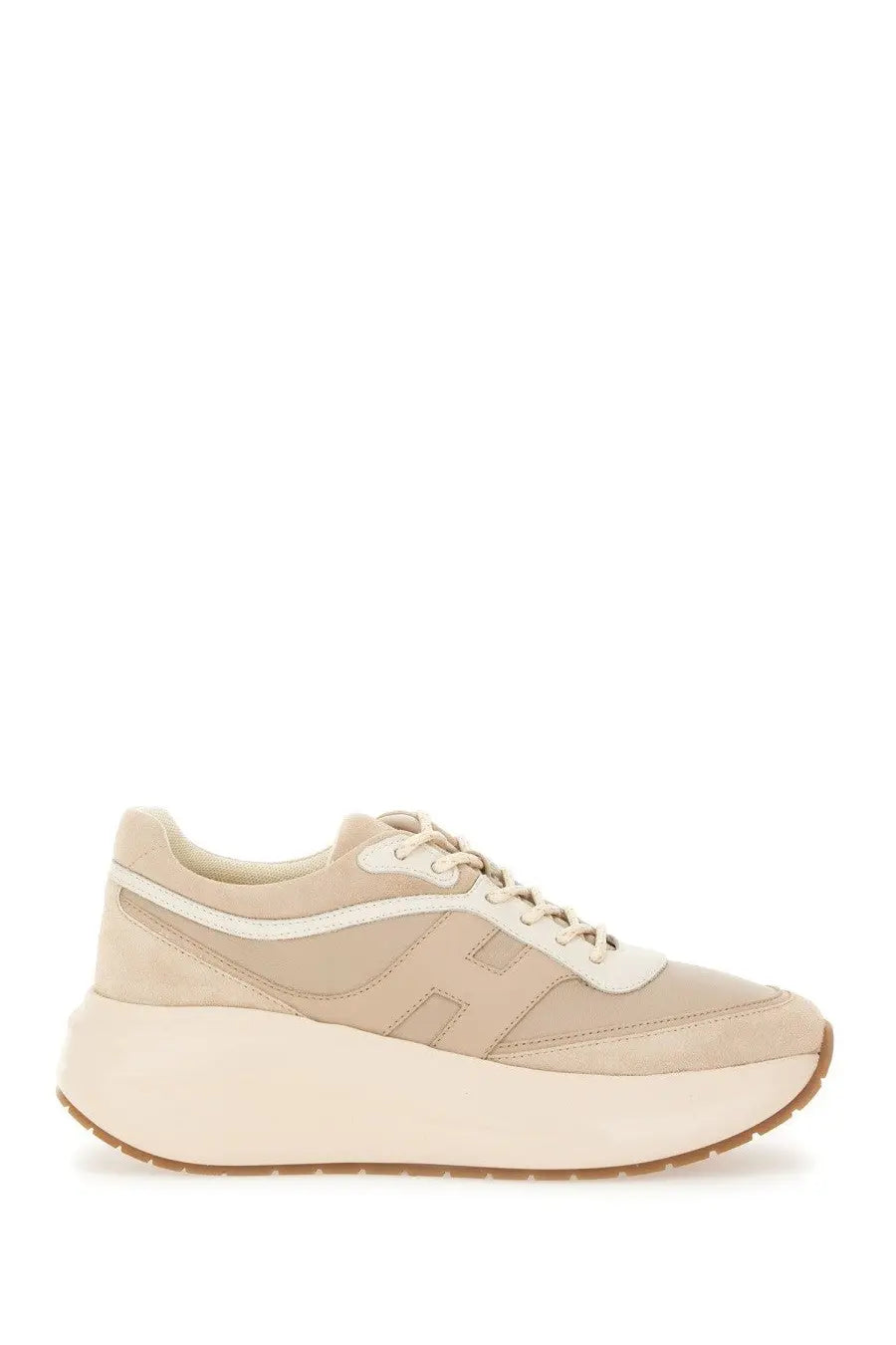 Hogan women’s sneaker h696 beige platform sneaker in beige suede and canvas with white accents and bold h logo
