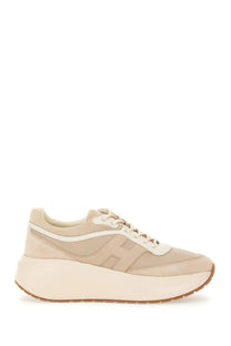 Hogan women’s sneaker h696 beige platform sneaker in beige suede and canvas with white accents and bold h logo