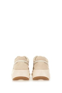 Hogan women’s sneaker h696 beige suede with chunky white rubber sole and subtle gray accents visible from the back side