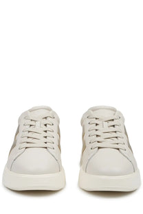 Hogan women’s sneaker rebel beige cream leather with subtle gray stripes and chunky white rubber sole