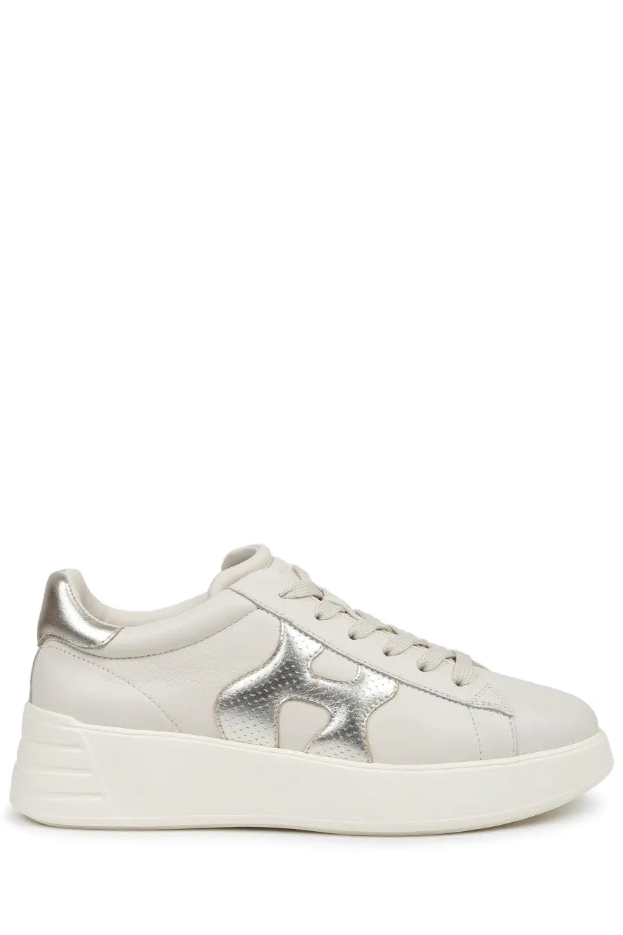 Hogan women’s rebel beige sneaker in white leather with metallic silver star emblem and matching silver heel tab