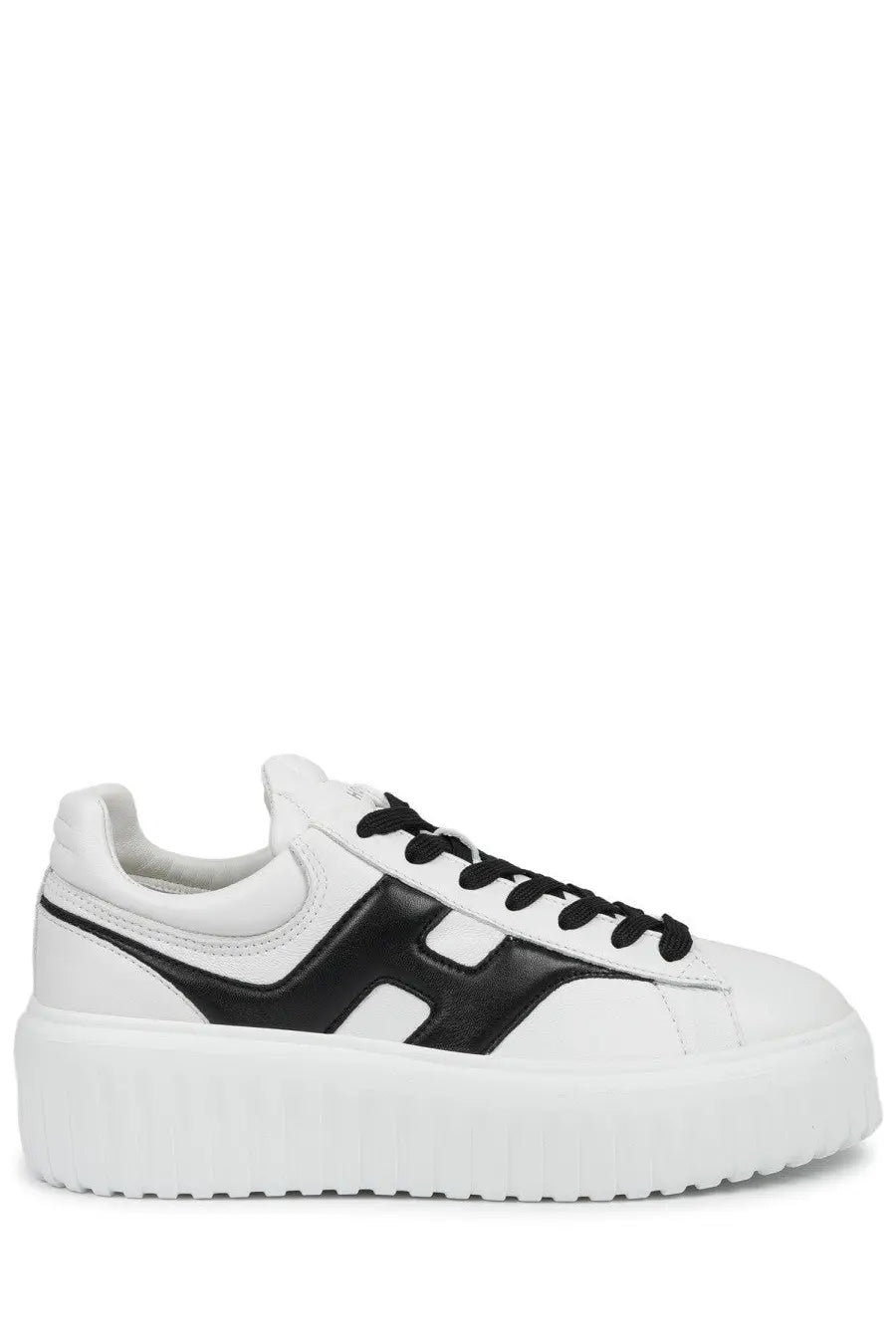Hogan women’s sneaker stripes white leather sneakers with black accents and bold chunky sole front view