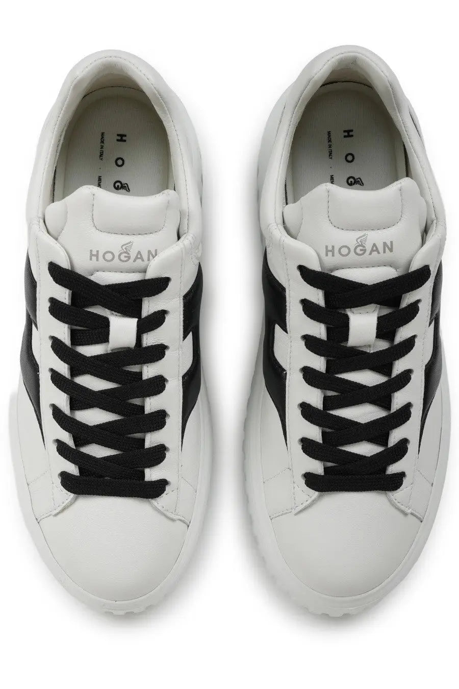 Hogan womens white leather sneakers with black laces and side stripes for casual wear