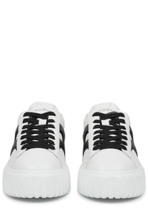 Hogan women’s sneaker stripes white with black laces bold black side stripes and chunky white rubber sole