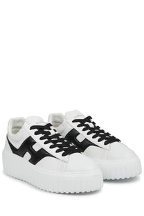 Hogan women’s sneaker stripes white with chunky platform sole black leather accents and laces