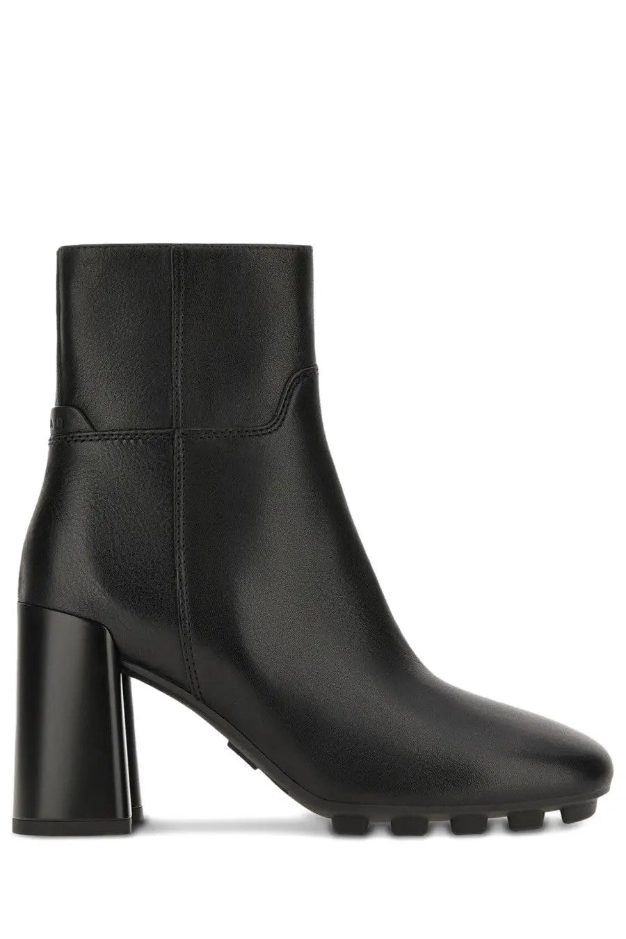 Hogan women’s stivale h695 black leather ankle boot with chunky block heel and textured rubber sole